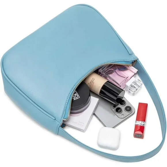 Women Lake Blue B Imported Polyester Pu Leather Zipper Closure Mini Tote Handbag - Picture 5 of 6